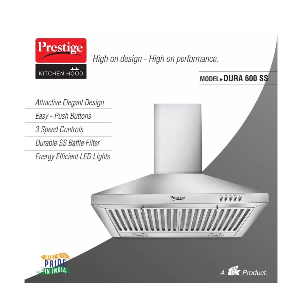 Prestige Dura 600 SS Auto Clean Wall Mounted Chimney  (Silver 1000 CMH)