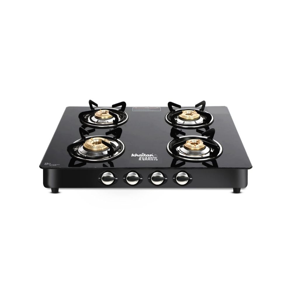 Khaitan  Avaante ISI Certified Kwid MS 4 Burner Toughened Glass Top with Detachable Stainless Steel Spill
