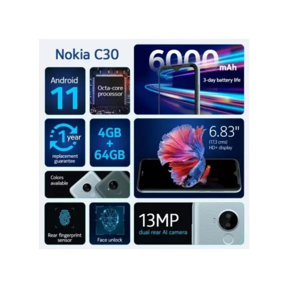Nokia C30, 6000 mAh Battery, 6.82” HD+ Screen, 4 + 64GB Memory (Green)