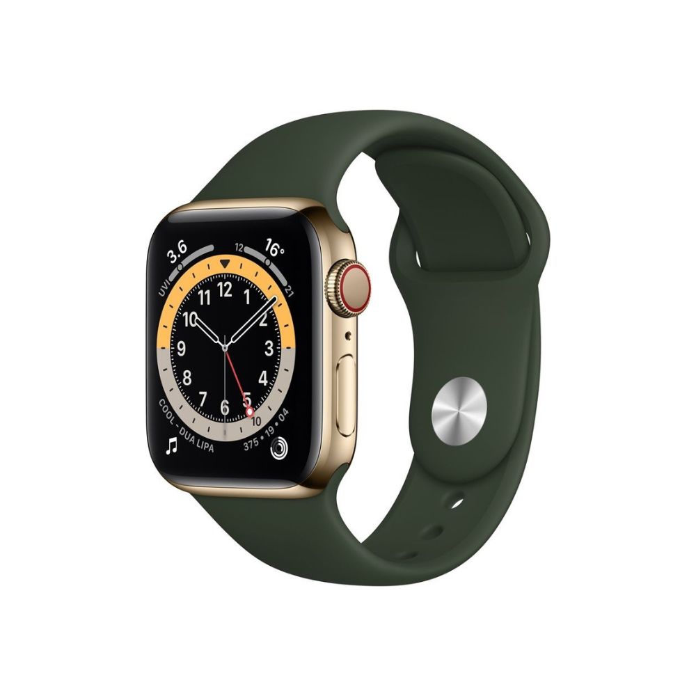 Apple Watch Series 6 GPS + Cellular M09F3HN/A 44 mm Gold Stainless Steel Case with Cyprus Green Sport Band  (Green Strap, Regular)