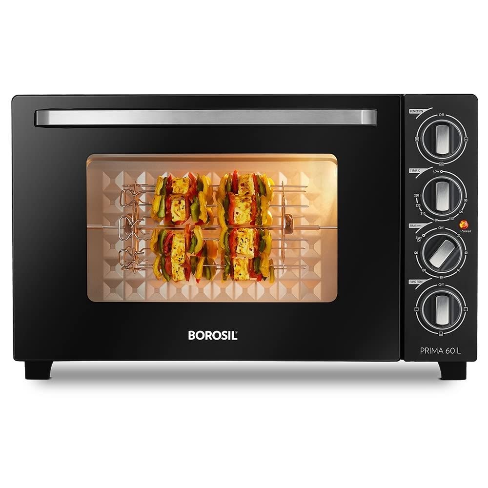 Borosil Prima 60 L Oven Toaster  Griller Motorised Rotisserie  Convection Heating 12 Heating Modes Black