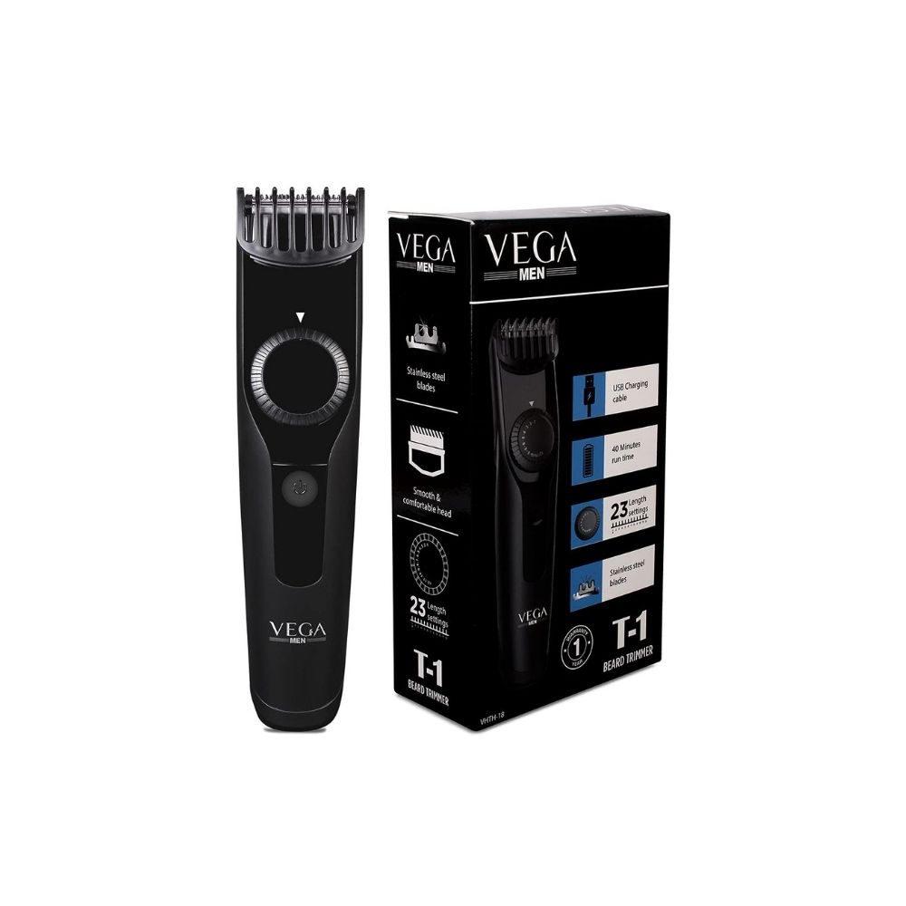 Vega Men T1 Beard Trimmer For Men With 40 Mins Run Time, Usb Charging & 23 Length Settings, (Vhth-18,Black)