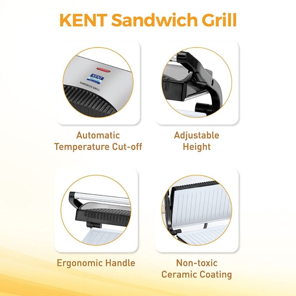 KENT 16024 Sandwich Maker 700 W | Non-Toxic Ceramic Coating Plate | Handle with Lock | Automatic Cut OFF | 4 Slice Sandwich Toaster