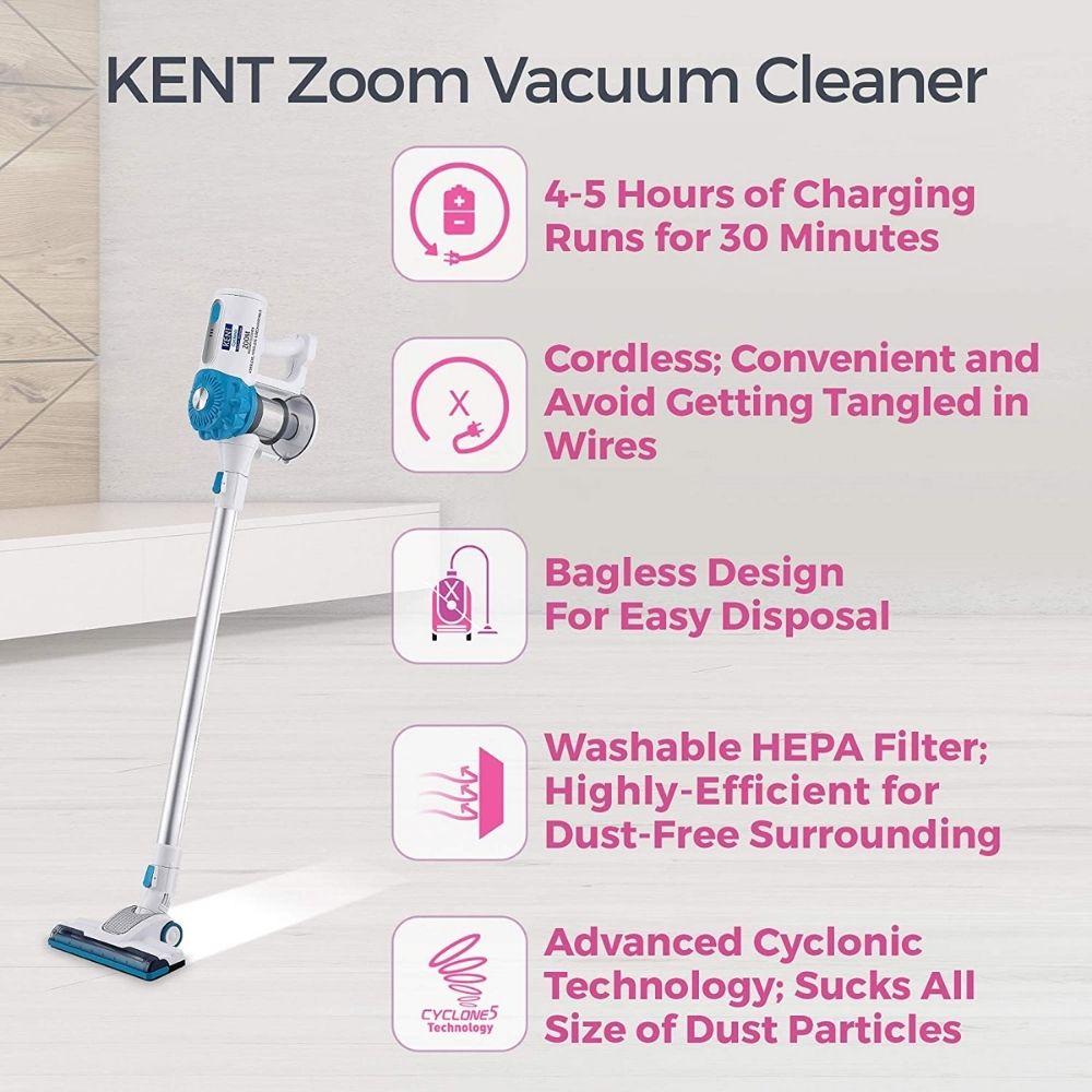 KENT Zoom Vacuum Cleaner, Cordless, Hoseless, Rechargeable 130Watt Vacuum Cleaner (White,Blue)
