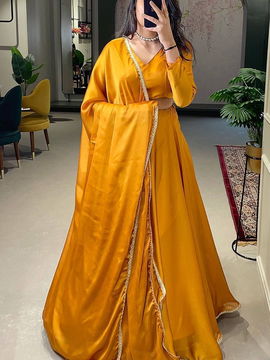 Fascinating Yellow Silk Lace Border Haldi Wear Lehenga choli
Semi Stitched