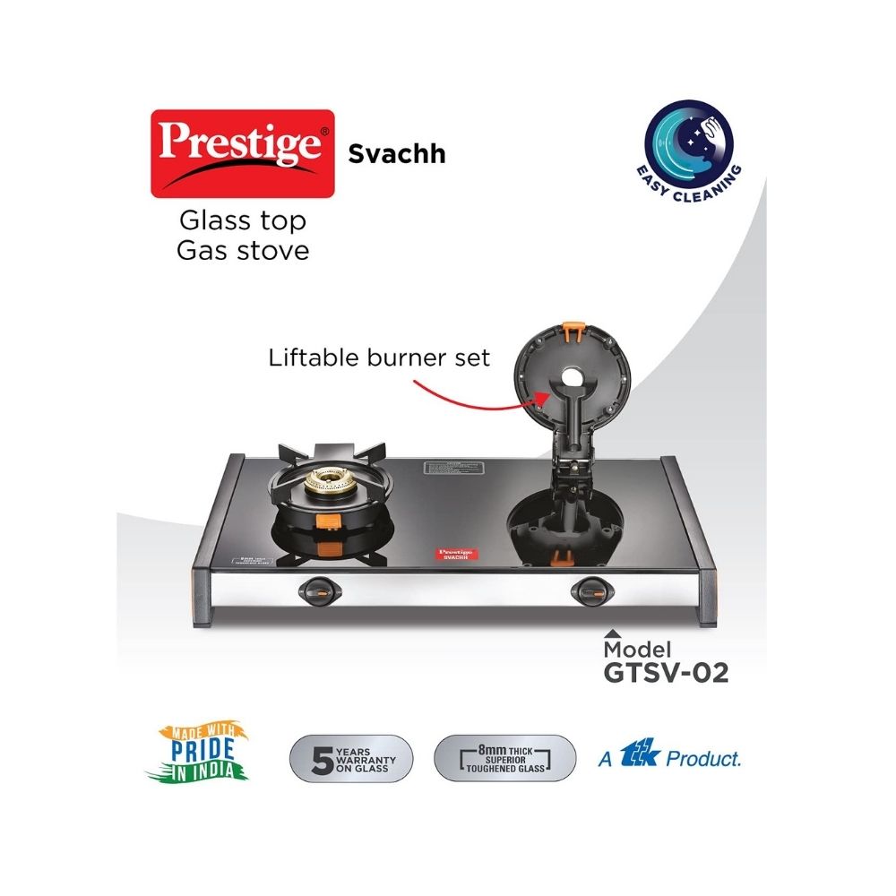 Prestige Svachh GTSV-02 Glass top LP Gas Table, 2 Burner, With Liftable Burner Set