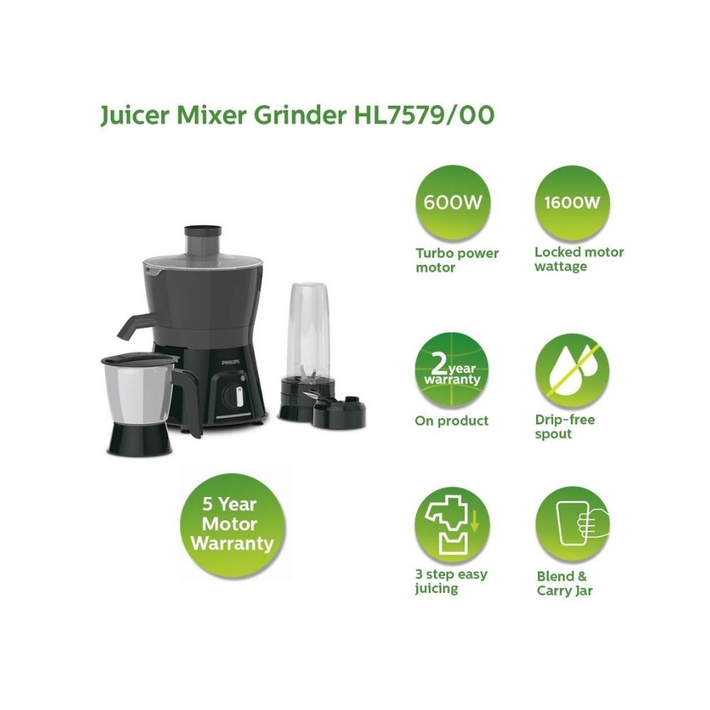 Philips HL7579/00 Viva Collection 600 W Juicer Mixer Grinder (3 Jars, Black, Grey)