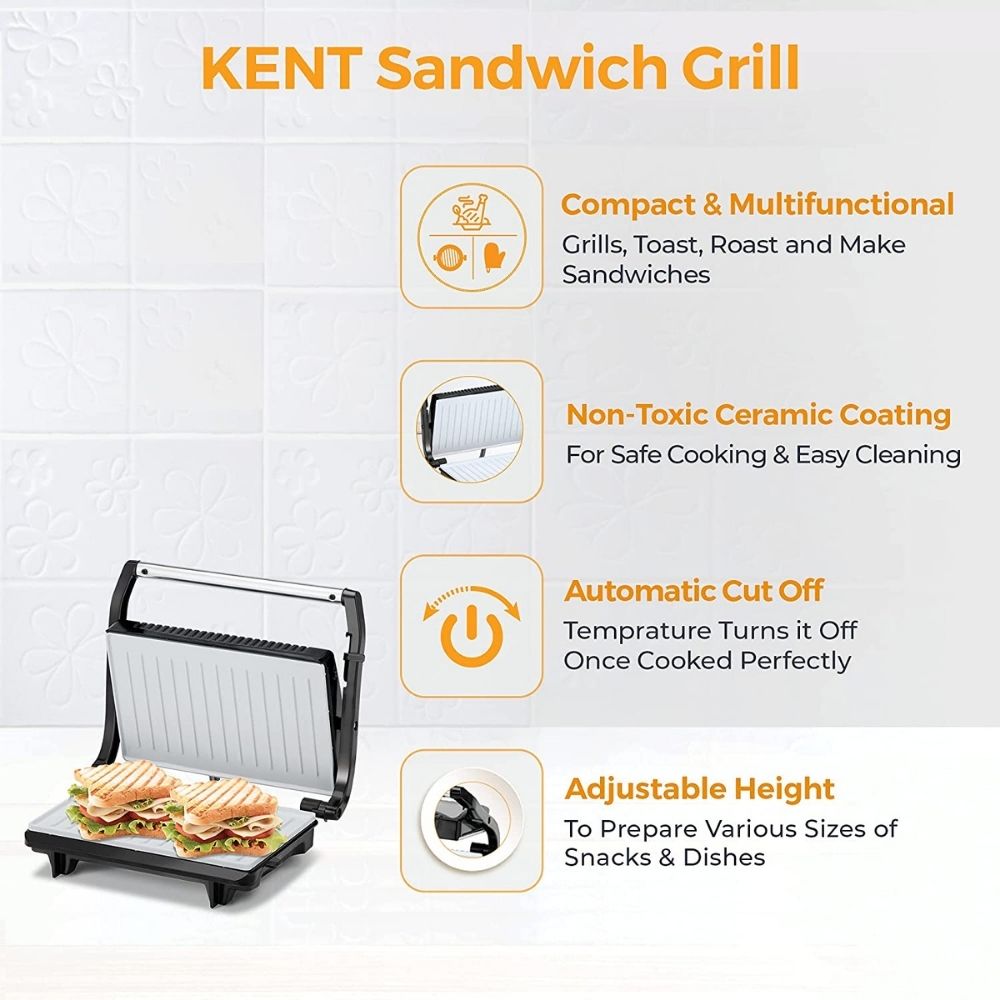 KENT 16025 Sandwich Grill 700W Non-Toxic Ceramic Coating Automatic Temperature Cut-off with LED Indicator
