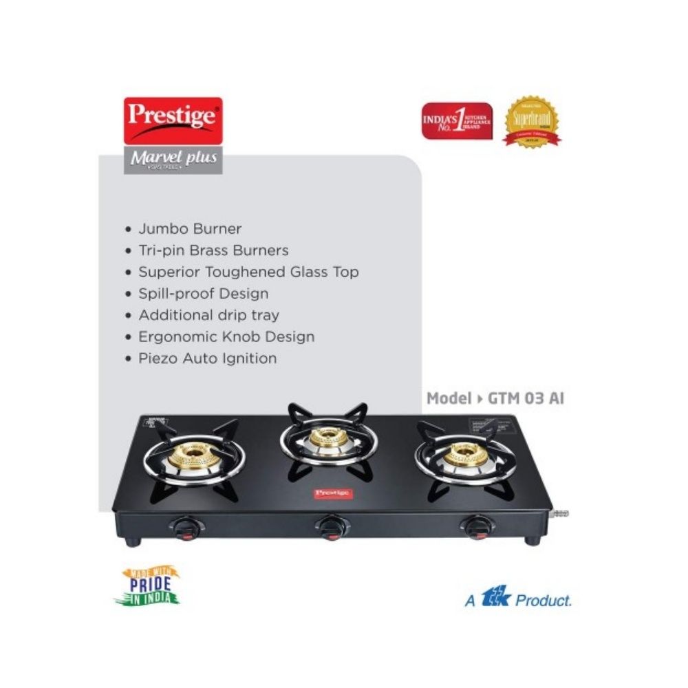 Prestige Marvel Plus Auto Ignition 3 Burner Glass top, GTM 03 AI, Black