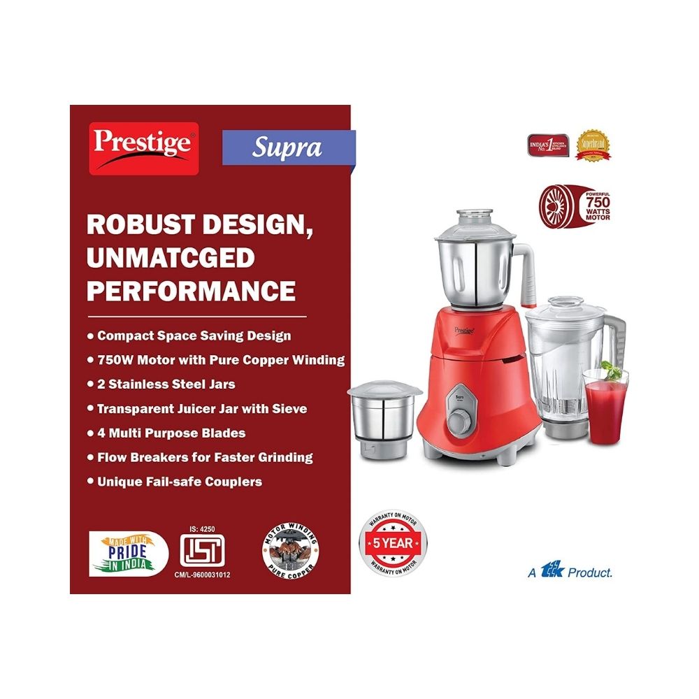 Prestige Supra 750 watt Mixer Grinder, Red, Small