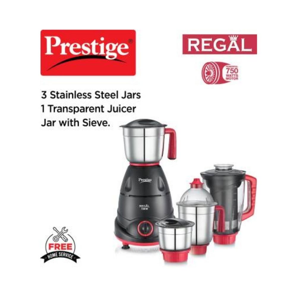 Prestige 41384 Regal 750 Juicer Mixer Grinder (4 Jars, Red and Black)