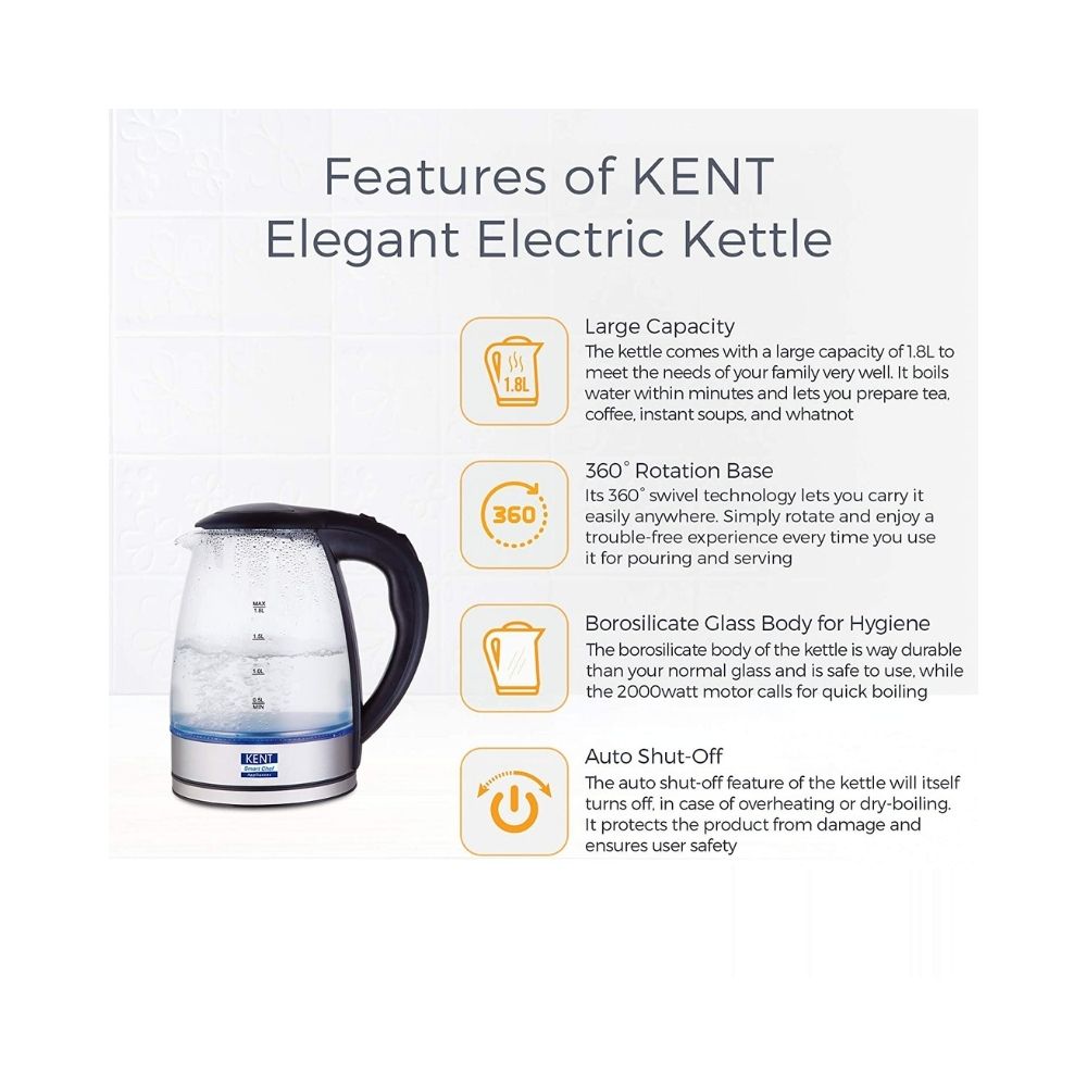 Kent Elegant Electric Glass Kettle (16052), 1.8L, Stainless Steel