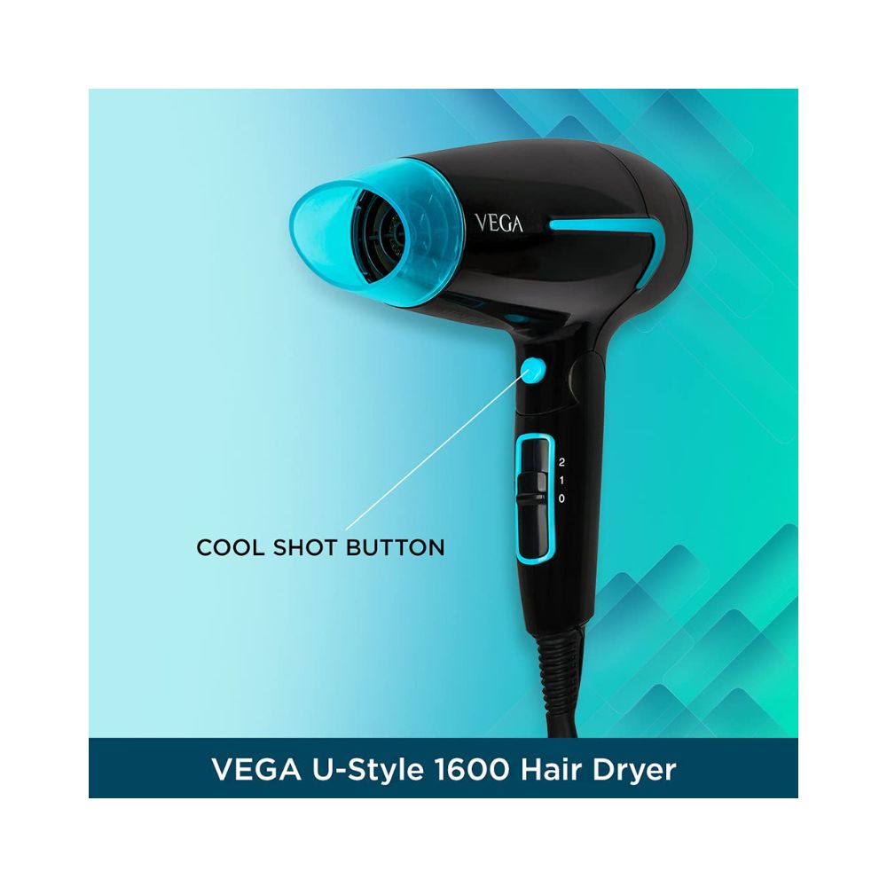 Vega U-Style 1600 Foldable Hair Dryer For Men & Women With Cool Shot Button, Black