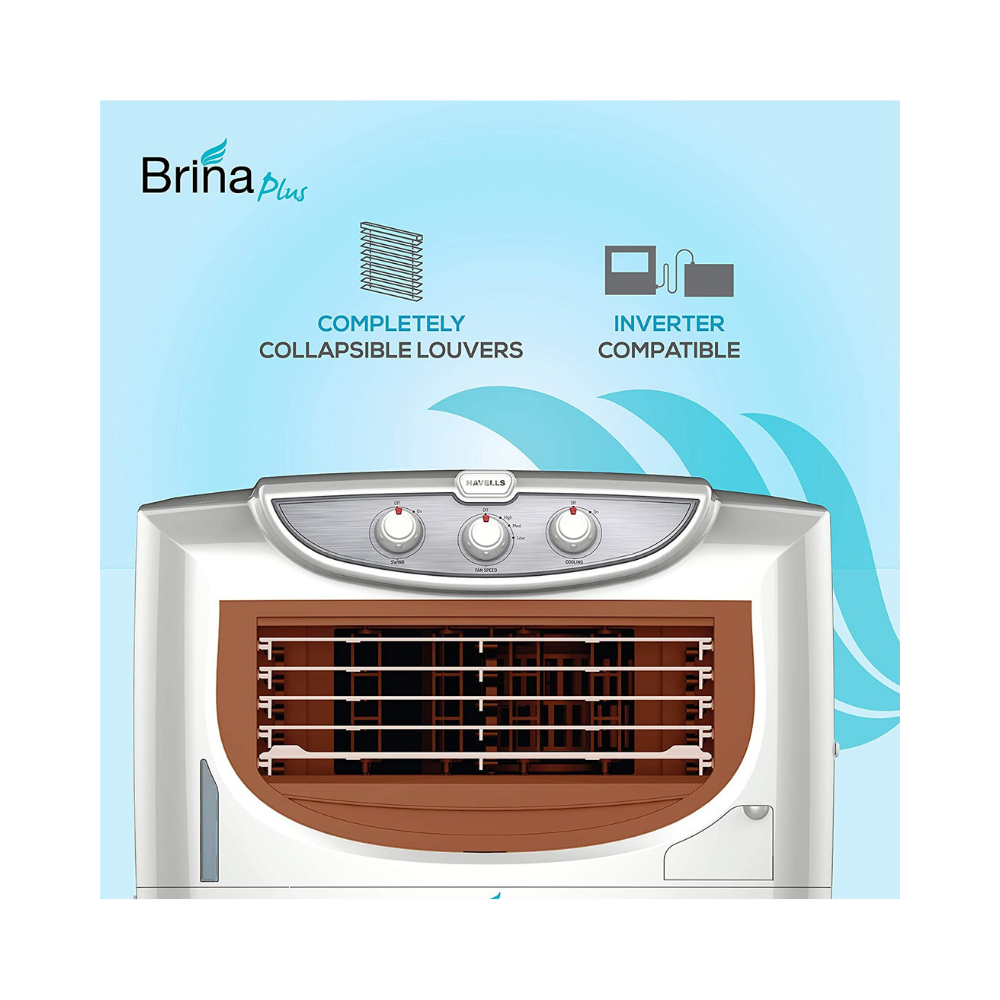Havells Brina Plus 50 Litres Window Air Cooler with Ice Chamber, Dust Free and Insect Free (White, Brown)