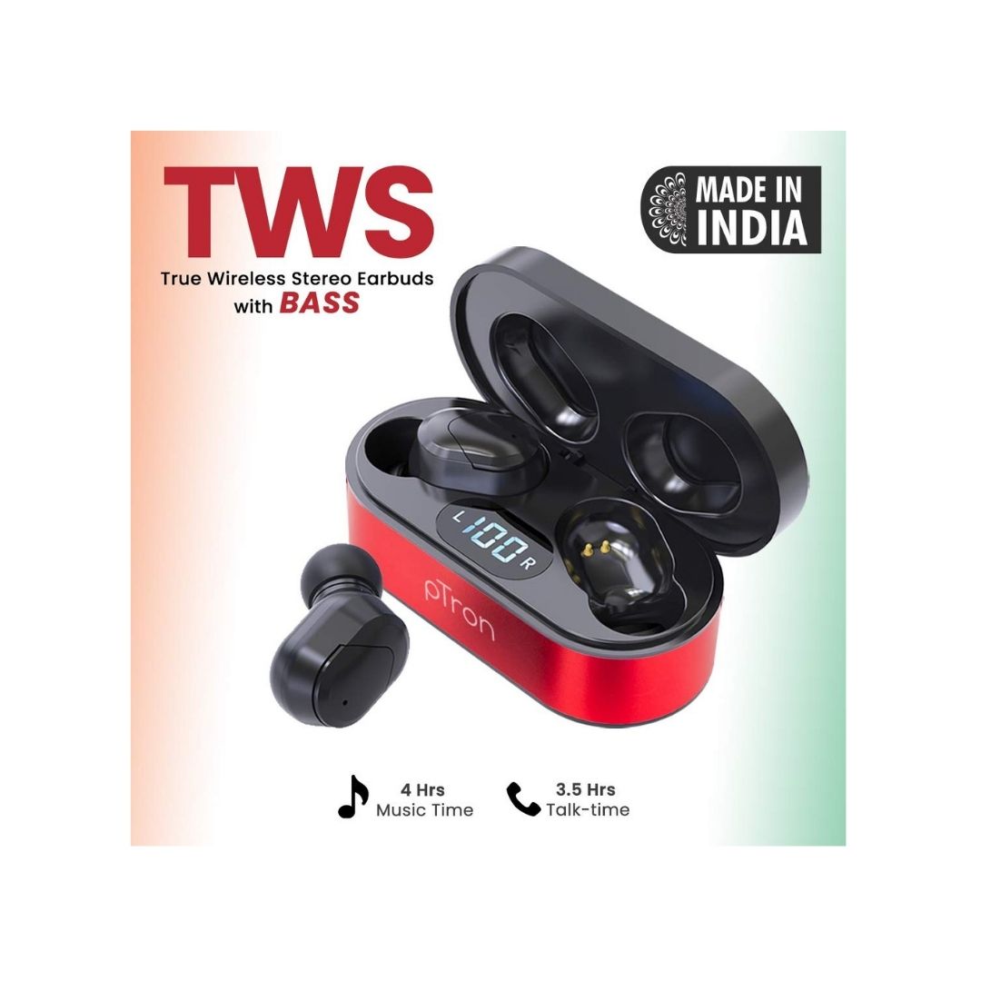 PTron Bassbuds Plus in-Ear True Wireless Stereo Bluetooth Headset  (Black, Red, True Wireless)