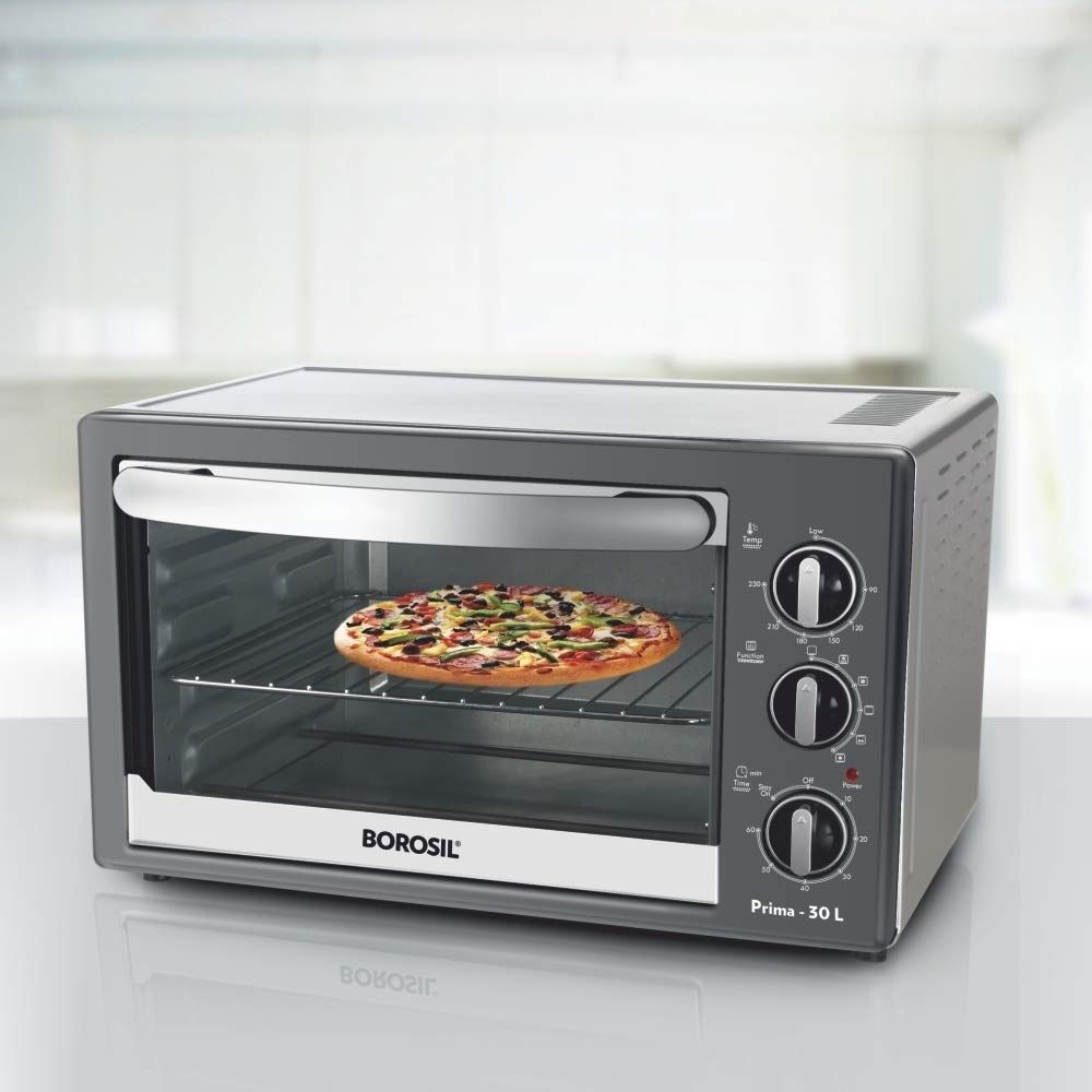 Borosil Prima 30 L Oven Toaster & Griller, Motorised Rotisserie & Convection Heating, 6 Heating Modes, Chrome Grey