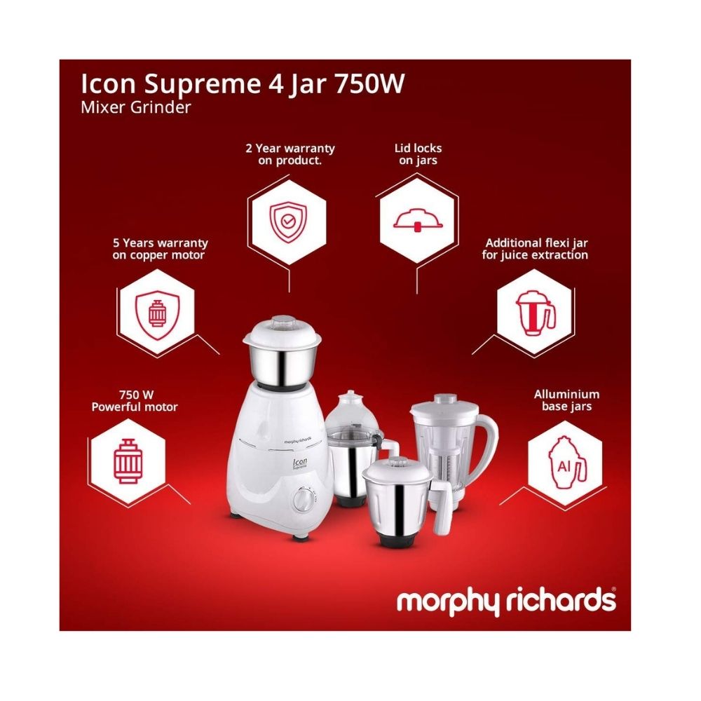 Morphy Richards Icon Supreme 750-Watt Mixer Grinder 4 Jars (White)