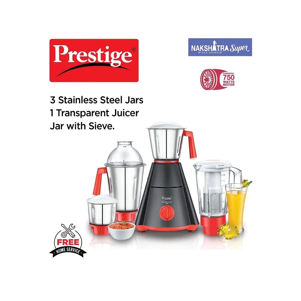 Prestige Nakshatra Super Mixer Grinder- 750 watts - with 3 Stainless Steel Jar and 1 juicer Jar  (42522)