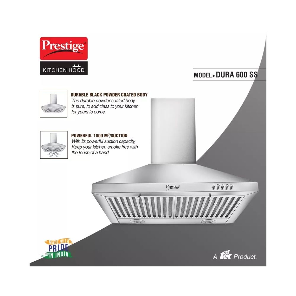 Prestige Dura 600 SS Auto Clean Wall Mounted Chimney  (Silver 1000 CMH)