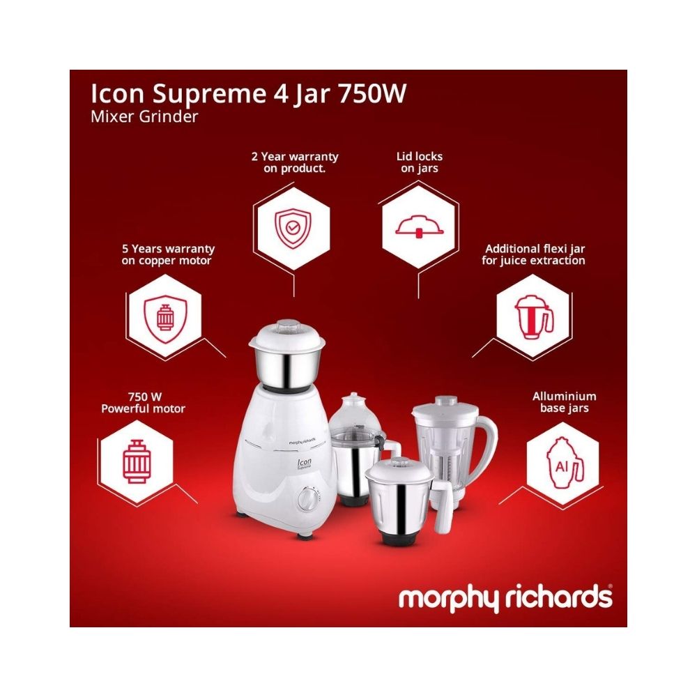Morphy Richards Icon Supreme 750-Watt Mixer Grinder 4 Jars (White)640110