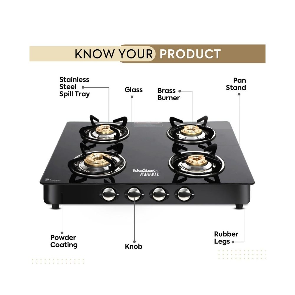 Khaitan  Avaante ISI Certified Kwid MS 4 Burner Toughened Glass Top with Detachable Stainless Steel Spill