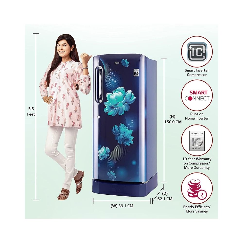 LG 235 L 4 Star Inverter Direct-Cool Single Door Refrigerator (GL-D241ABCY, Blue Charm, Base Stand with Drawer)