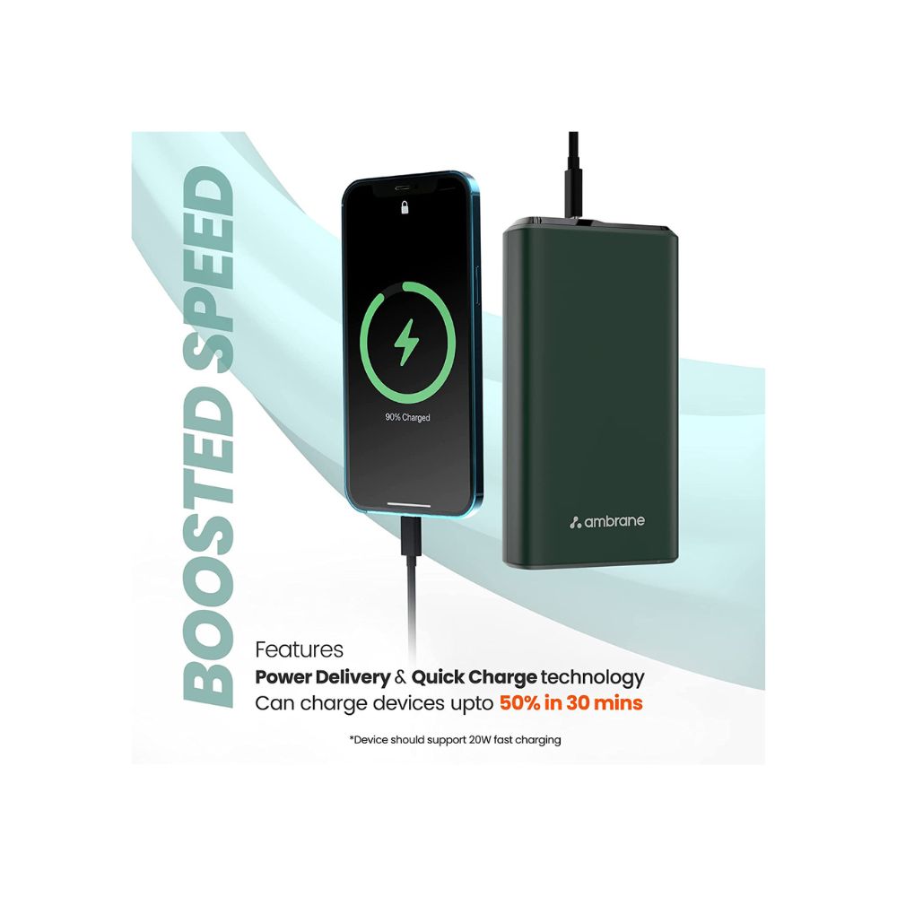 Ambrane 20000 mAh lithium_polymer Stylo-20k Power Bank with 20 Watt Fast Charging, Green