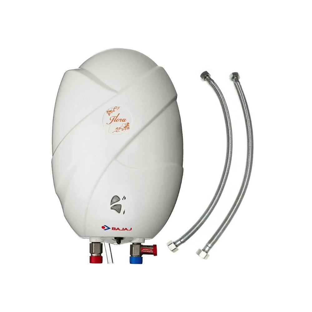 Bajaj Flora 3L 3kW ABS Plastic Instant Water Heater with 24-inch Stainless Steel Connection Pipes (White)