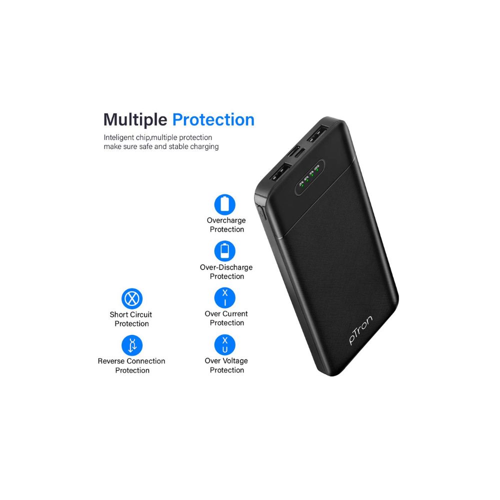 PTron 10000 mAh Lithium Polymer Power Bank Dynamo Lite with 10 Watt Fast Charging, Black
