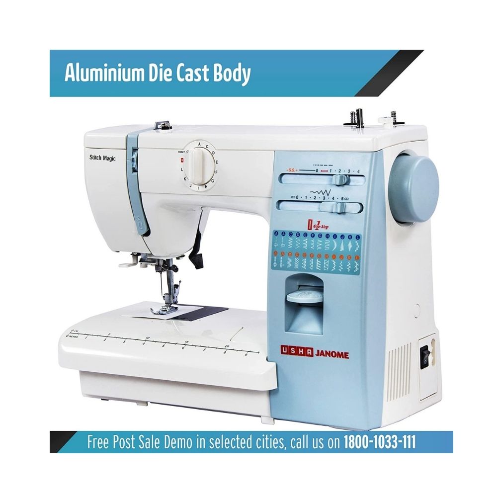 Usha Janome Automatic Stitch Magic 60-Watt Sewing Machine (White And Blue)