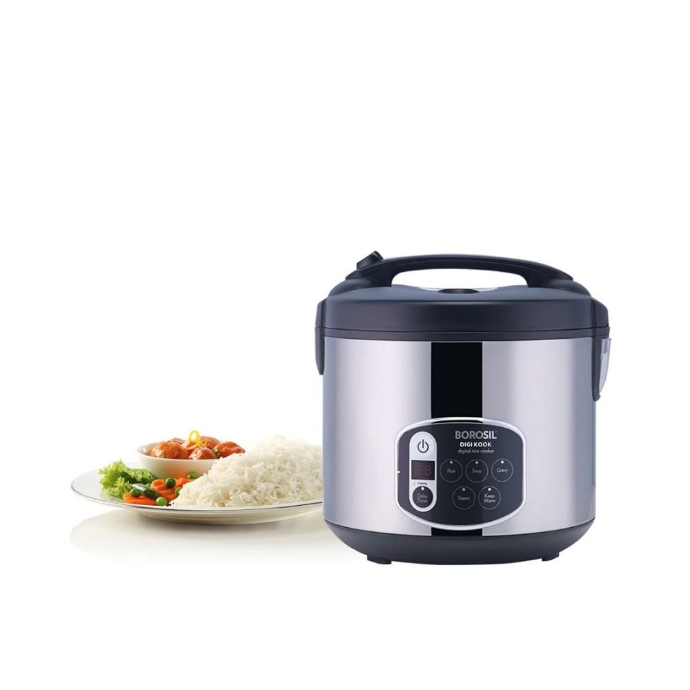Borosil Digikook 1.8 Litres 650 Watts Rice Cooker and Steamer (BRC18LDSS11, Silver)