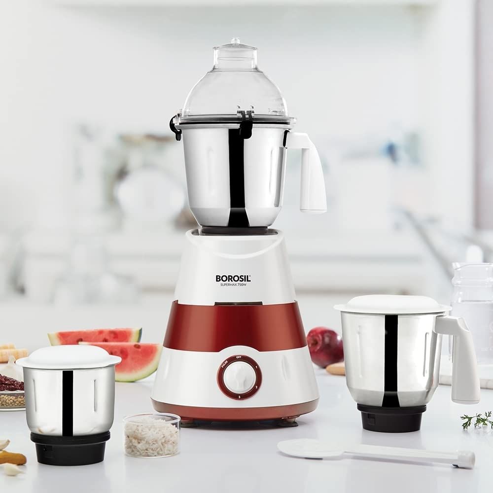 BOROSIL HAMG750W28 SuperMax 750W - Red 750 Juicer Mixer Grinder (3 Jars, Red, White)