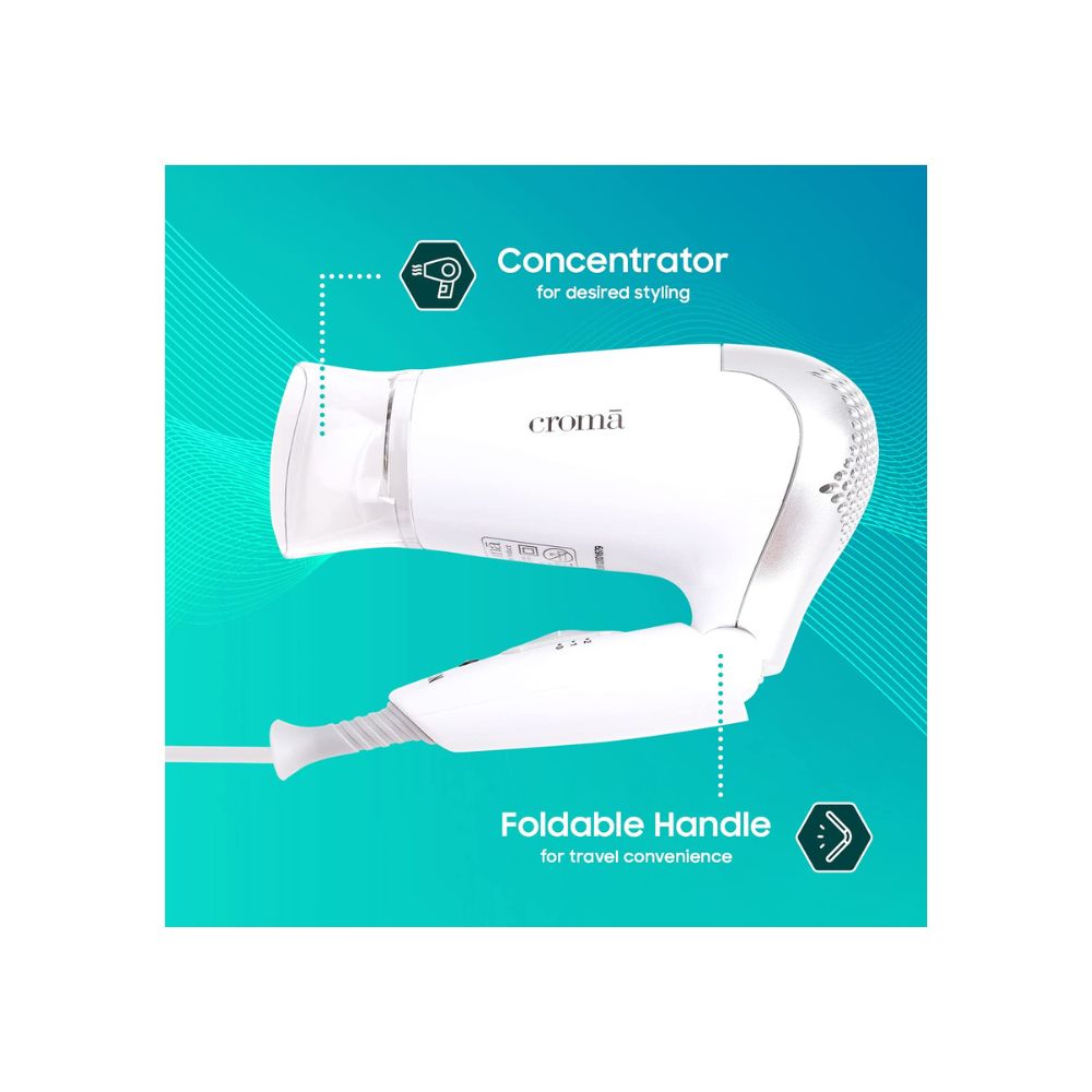Croma 1000W Dual Voltage Foldable Hair Dryer with 2 speed Settings  CRAH4056 Grey  White