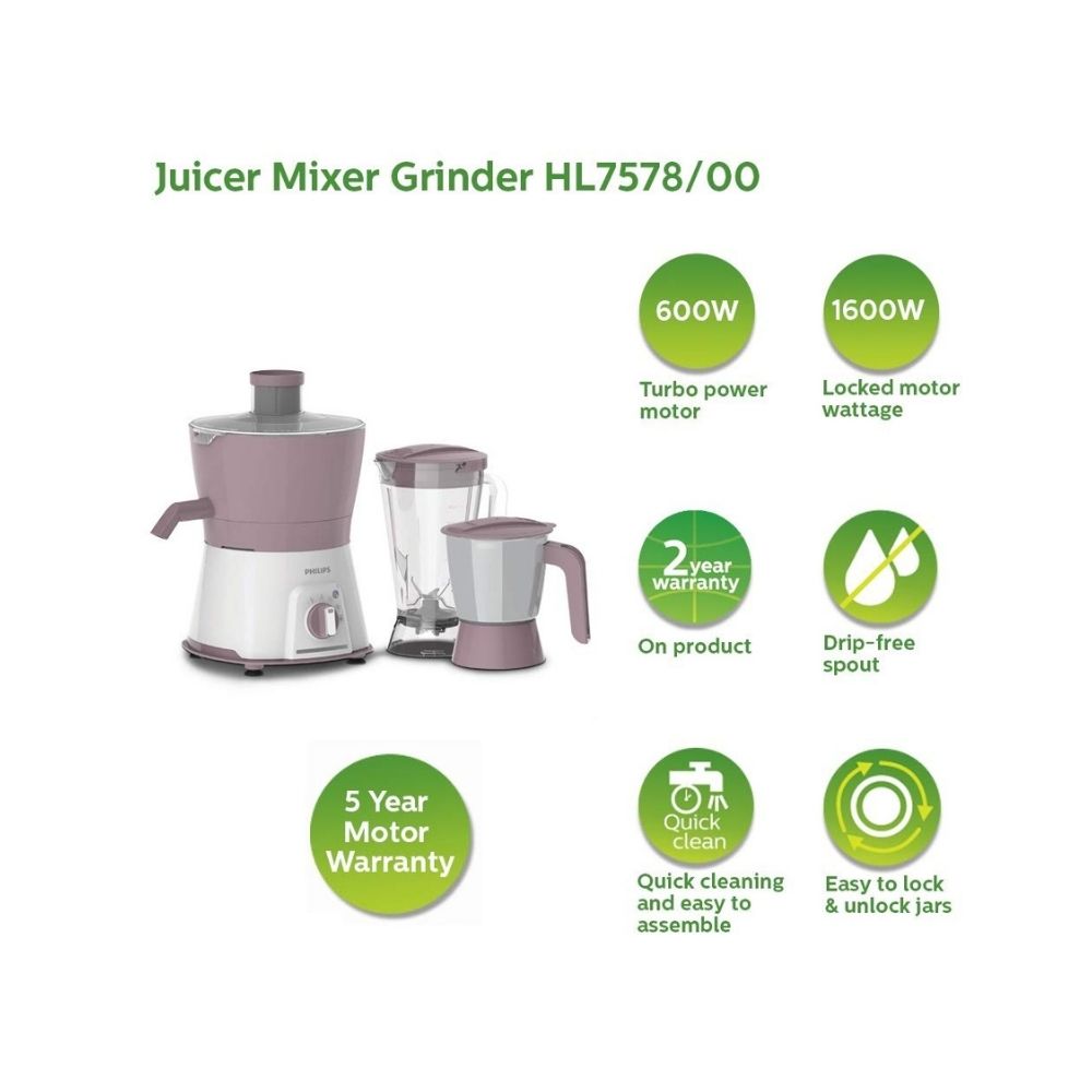 Philips HL7578/00 Viva Collection 600 W Juicer Mixer Grinder (3 Jars, Pink, White)