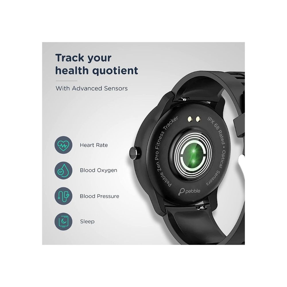 Pebble Zen Pro Smart Watch with Oximeter Function for SpO2 (Black)