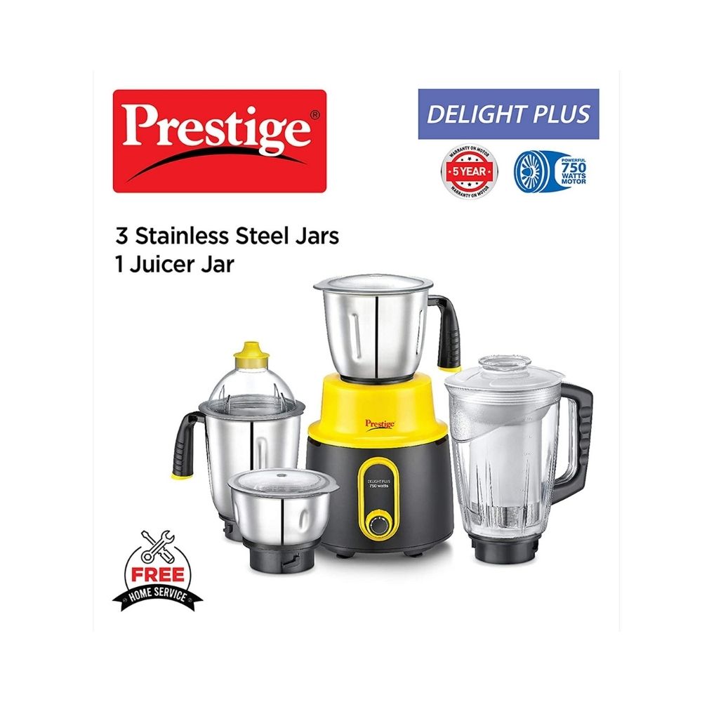 Prestige Delight Plus Mixer Grinder 750 W Mixer Grinder (4 Jars, Black and Yellow)
