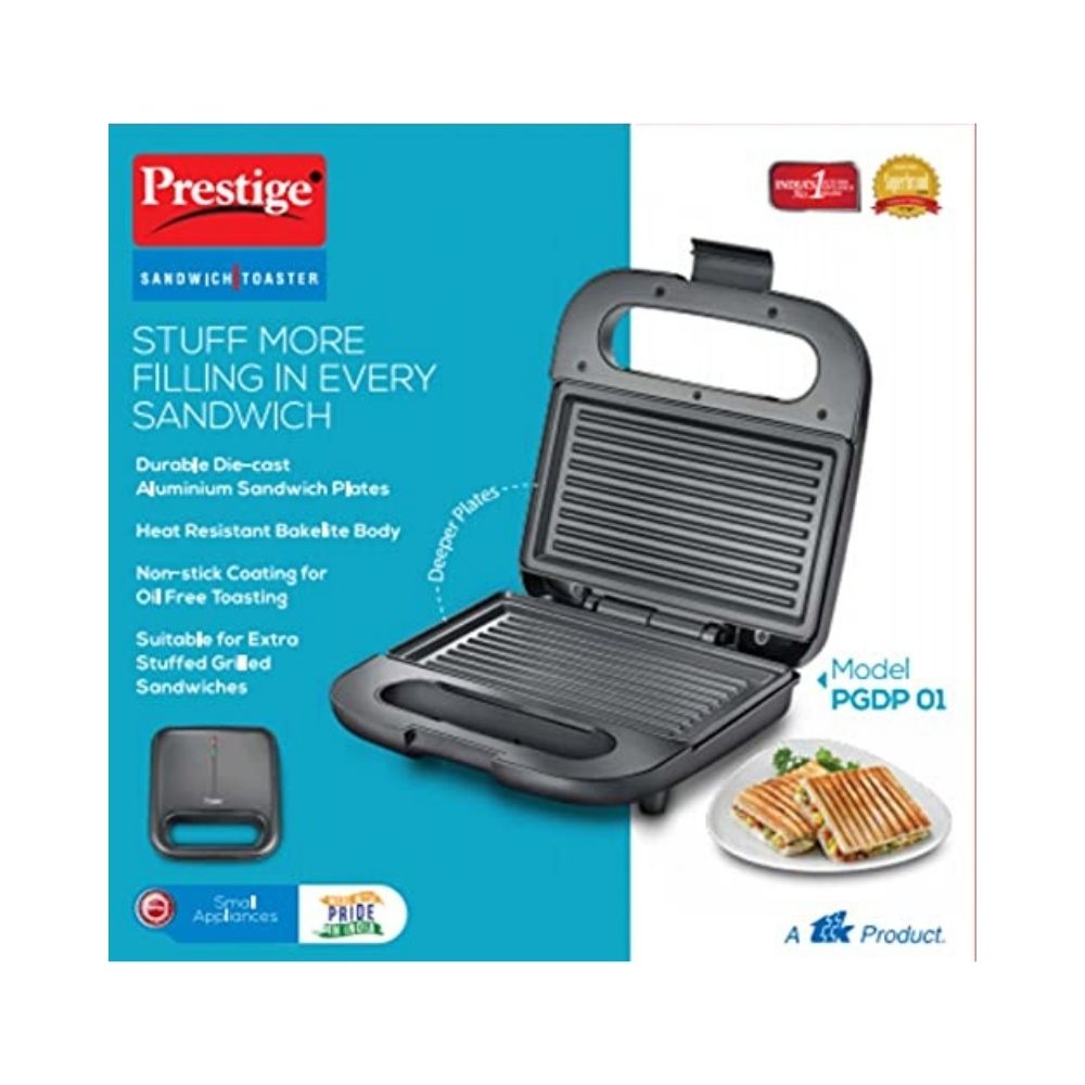 Prestige Sandwich Toaster with Fixed Grill plates - PGDP 01, Black, Small