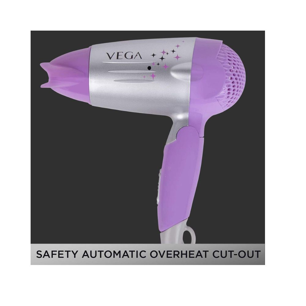 Vega Galaxy Foldable 1100 Watts Hair Dryer With Heat & Cool Setting And Detachable Nozzle (VHDH-06)-Purple