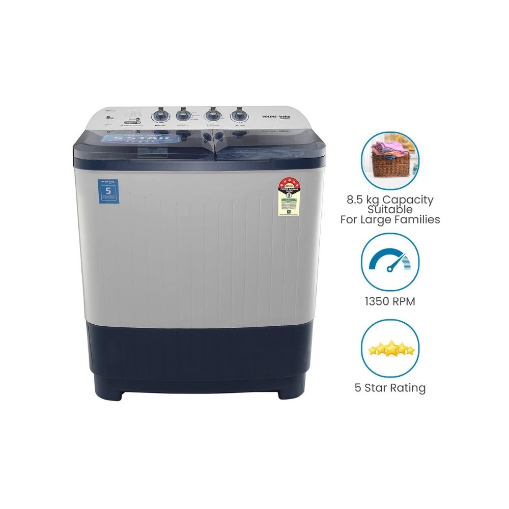Voltas Beko 8.5 kg Semi-Automatic Top Loading Washing Machine, 2 Casette Filter (WTT85DBLT, Sky Blue)
