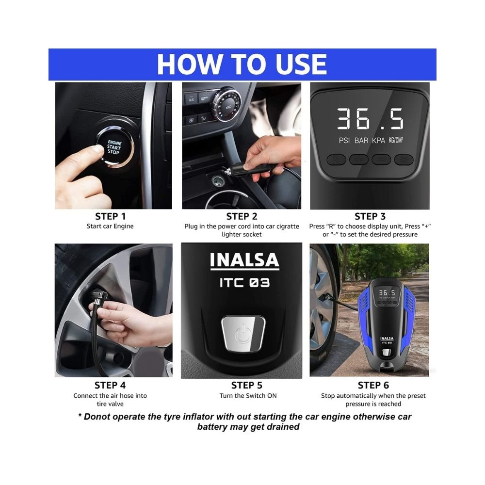 Inalsa Tyre Inflator ITC 03 with Digital Display | 12 V DC Portable Tyre Inflator | 150 PSI with 3 Modes of Emergency LED Light | 150 Watt
