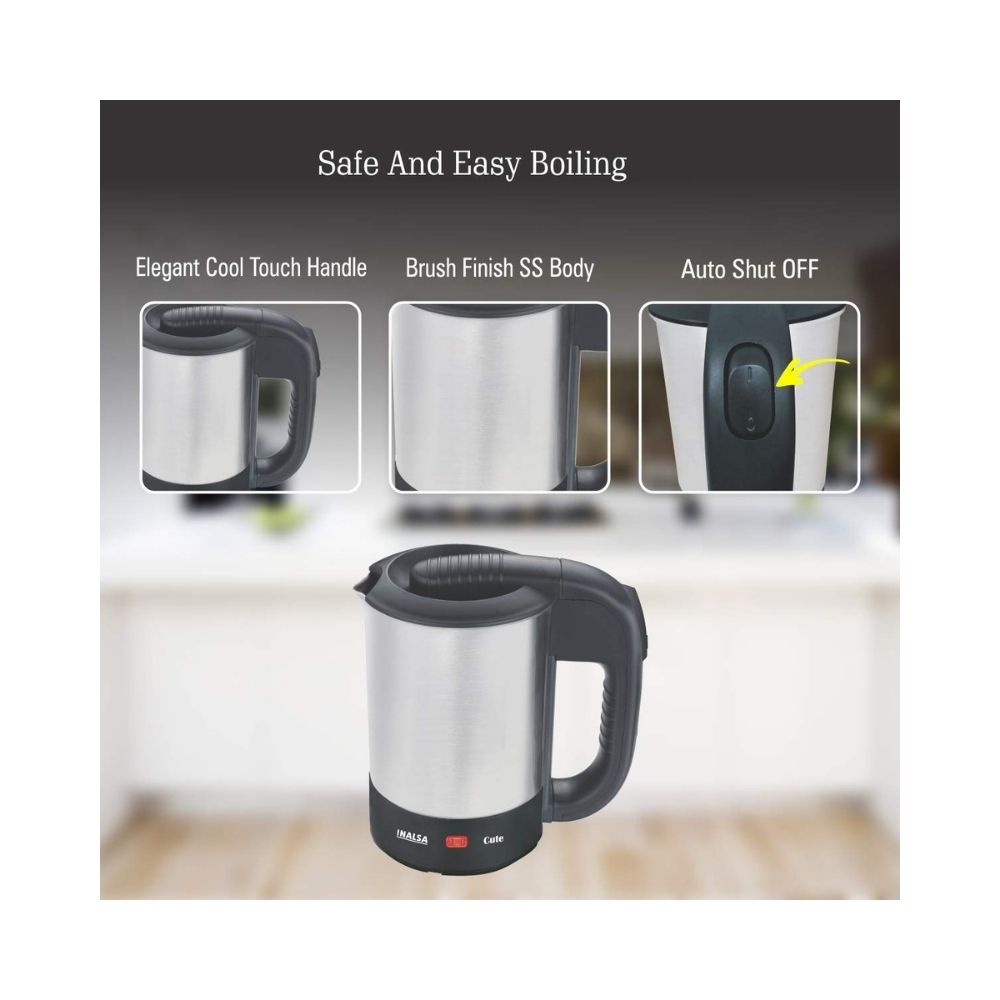 Inalsa Cute 0.5-Litre Electric Travel Kettle With 2 Cups (Silver), standard