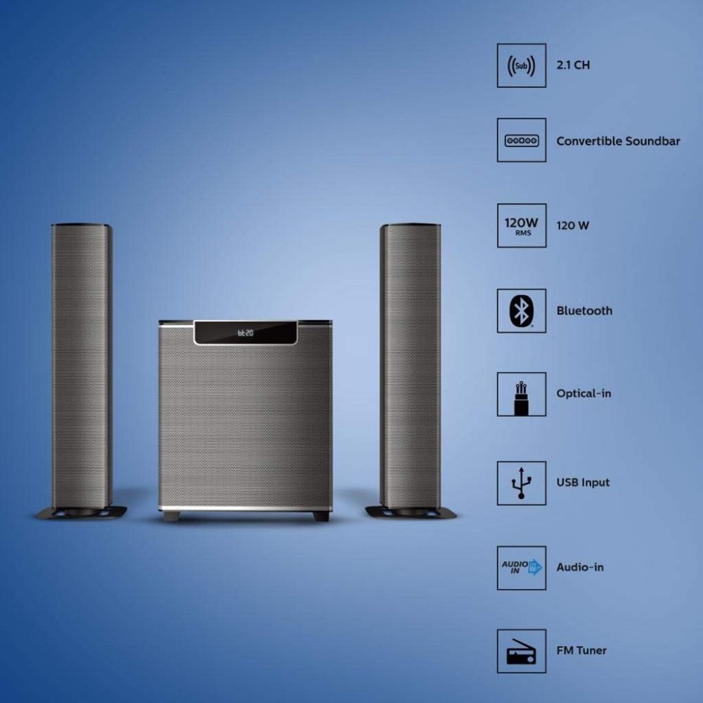 Philips Audio MMS2220B 2.1 Speaker 5.1 Channel 120W Bluetooth Convertible Multimedia Soundbar/Speaker (Black)