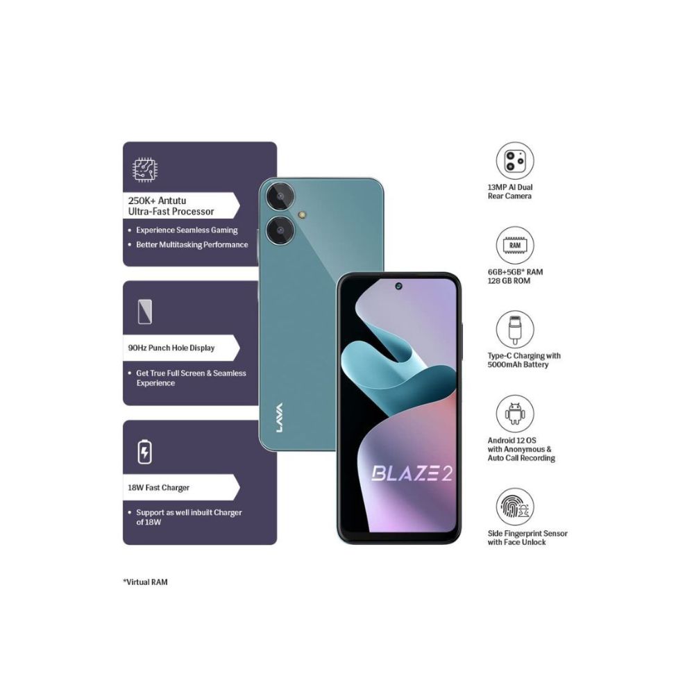Lava Blaze 2 (6GB RAM, 128GB Storage) - Glass Blue | 18W Fast Charging | 6.5 inch 90Hz Punch Hole Display