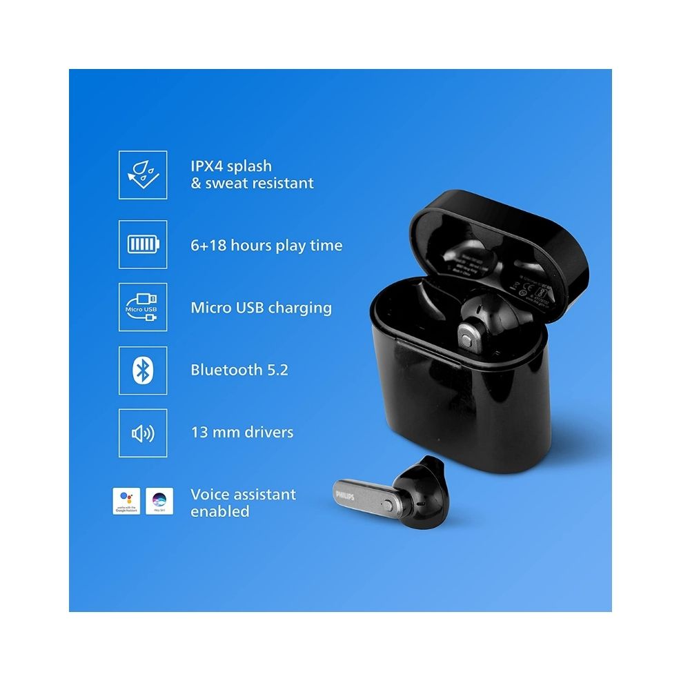 Philips Audio TAT3225 True Wireless (TWS) Headphones with Bluetooth 5.2, IPX4 and 24 Hours (6+18) Play time, Black