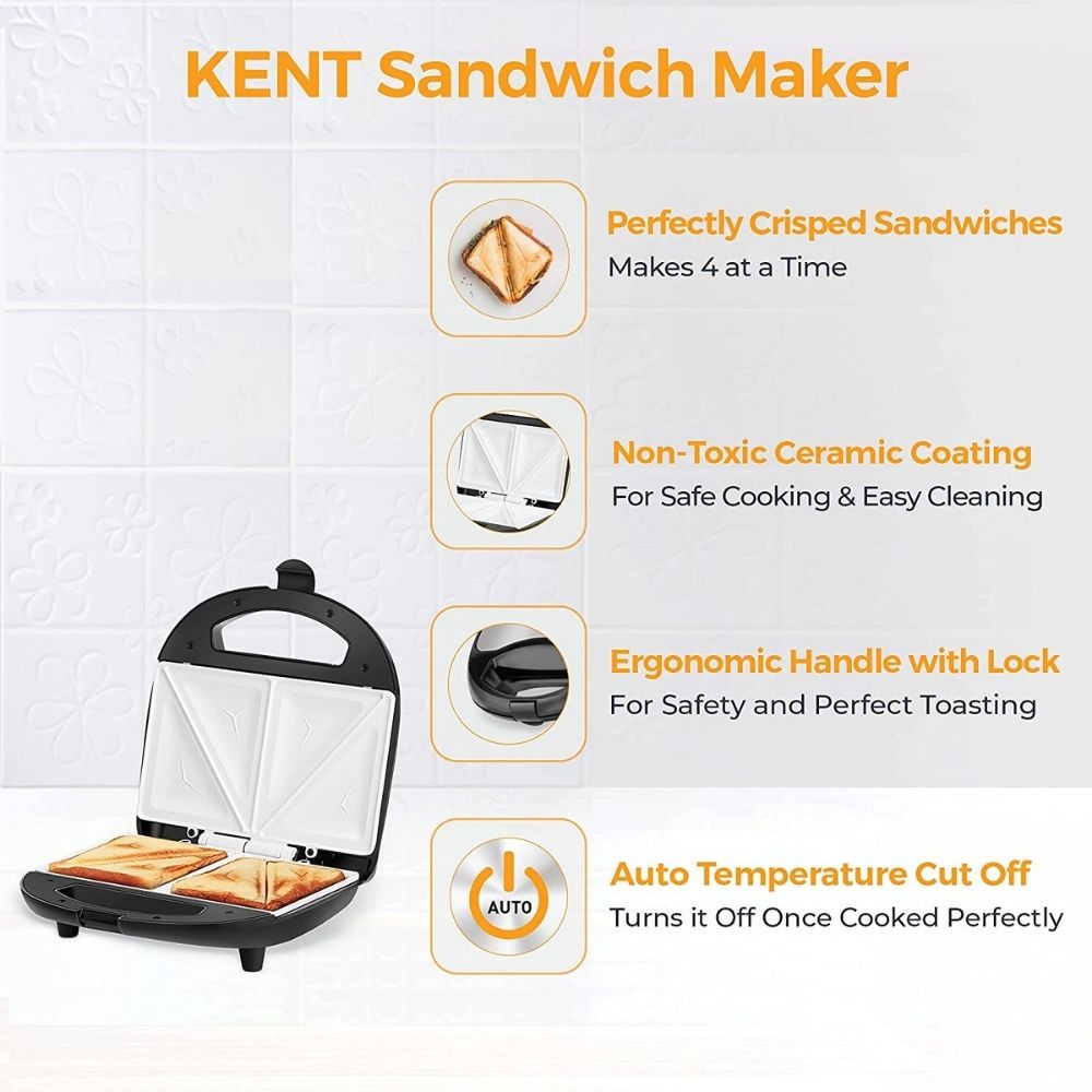 KENT 16024 Sandwich Maker 700 W | Non-Toxic Ceramic Coating Plate | Handle with Lock | Automatic Cut OFF | 4 Slice Sandwich Toaster