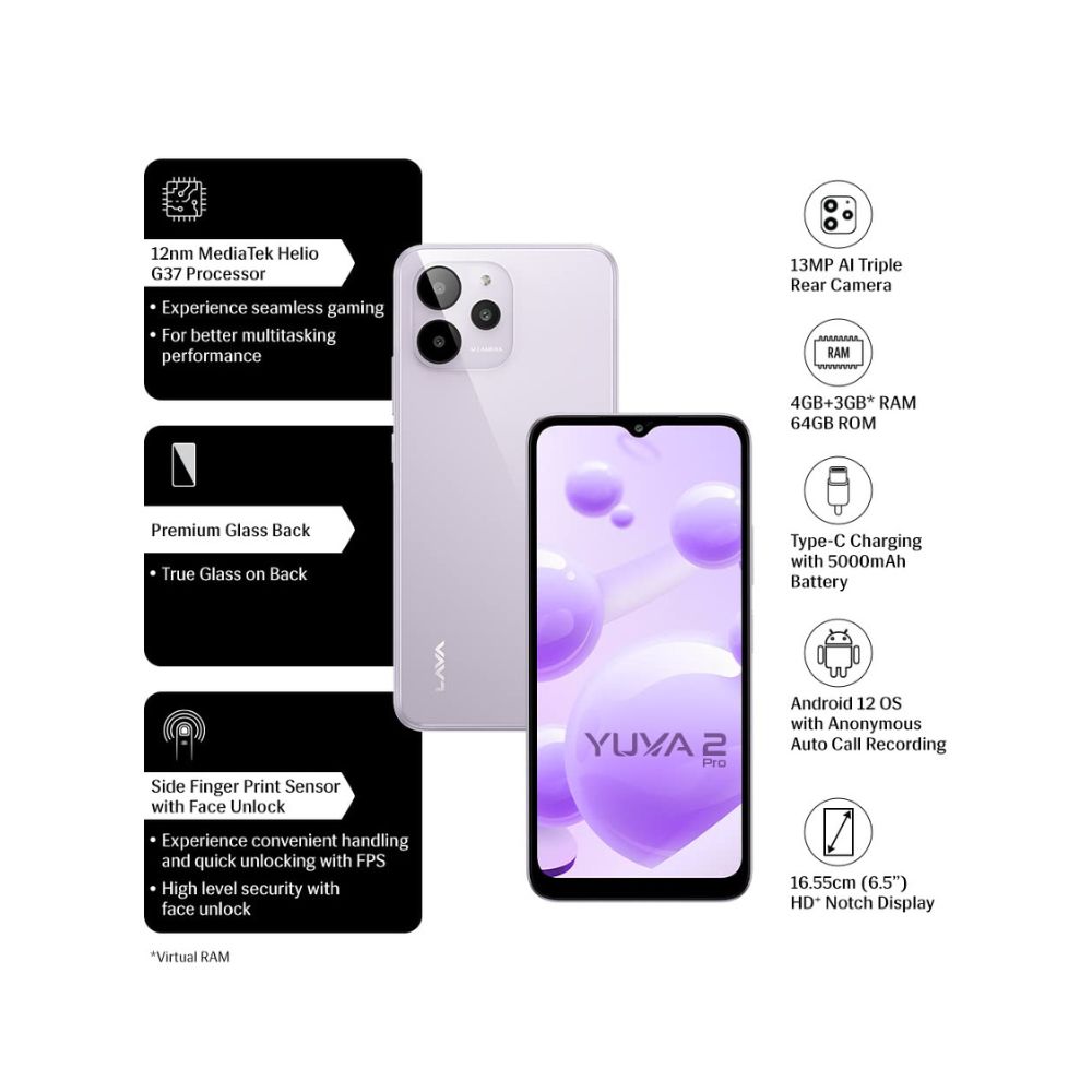 Lava Yuva 2 Pro (Glass Lavender, 4GB RAM, 64GB Storage)