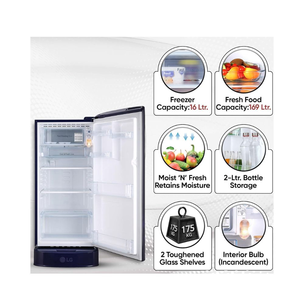 LG 185 L 5 Star Inverter Direct-Cool Single Door Refrigerator GL-D201ABEU Blue Euphoria Base stand with drawer