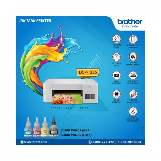Brother DCP-T226 - Color Ink Tank Multifunction (Print, Scan & Copy) All in One Printer for Home