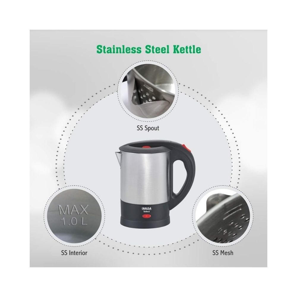 Inalsa Electric Kettle Select-1350W with 1 Litre Capacity, (Silver)