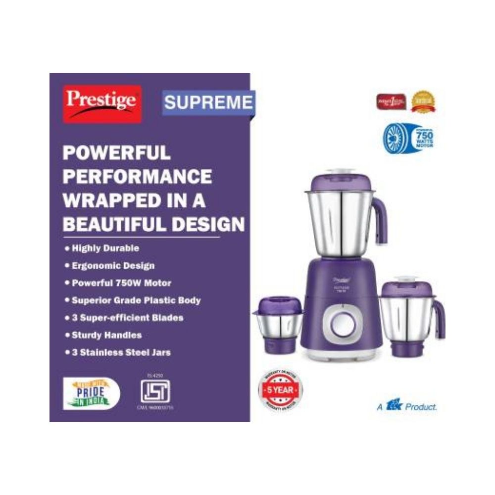 Prestige Supreme 750 Mixer Grinder (3 Jars, Violet)